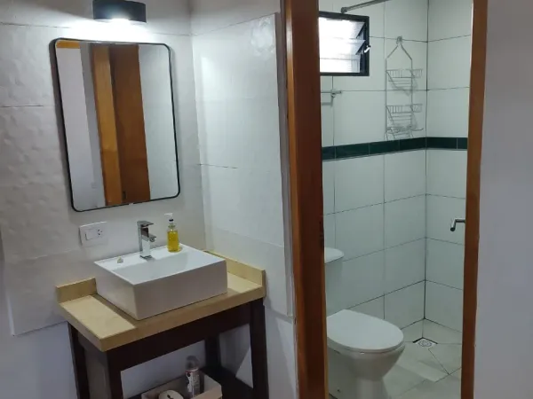 Baño completo con vanitory y ducha en departamento loft Yvyra, Puerto Iguazú